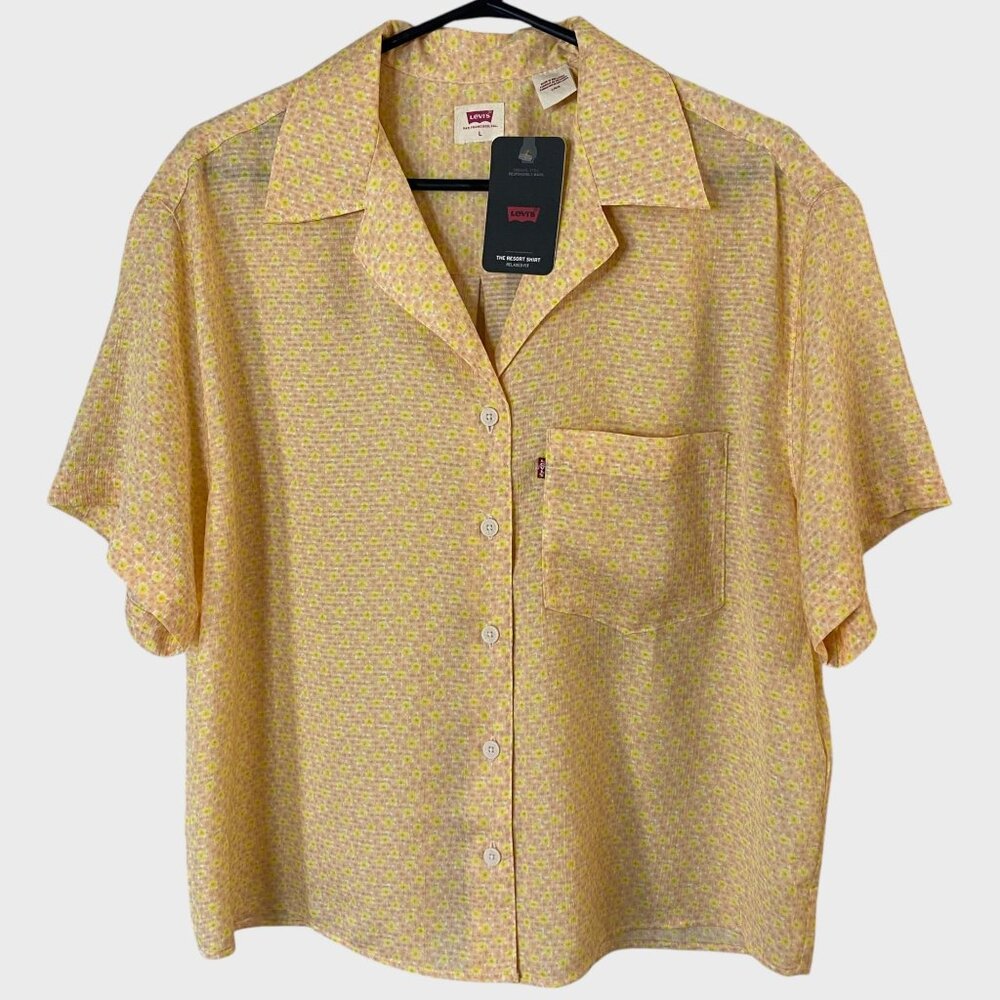 Levis Floral Resort Shirt Yellow Women's Size Large Short-Sleeve Button-Up New - Picture 1 of 15